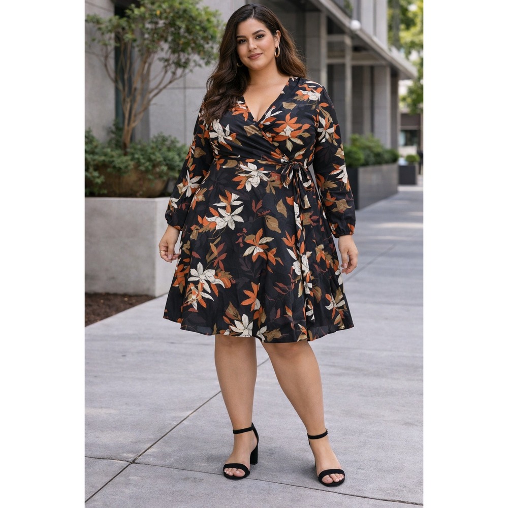 City Chic NWT‎ Fall Floral Wrap Dress Black Orange Long Sleeve Plus Size S/16